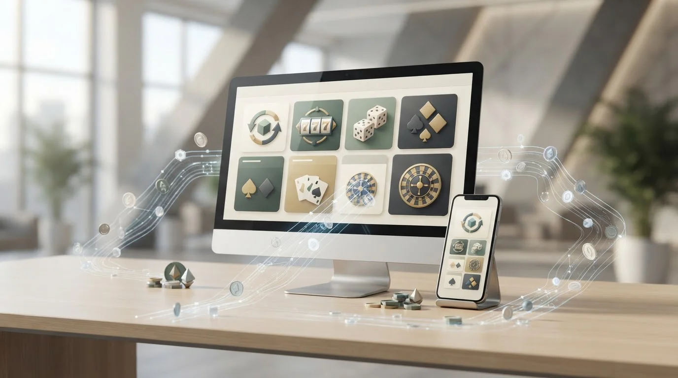 Casino games on desktop and mobile screens with crypto payment paths around them
