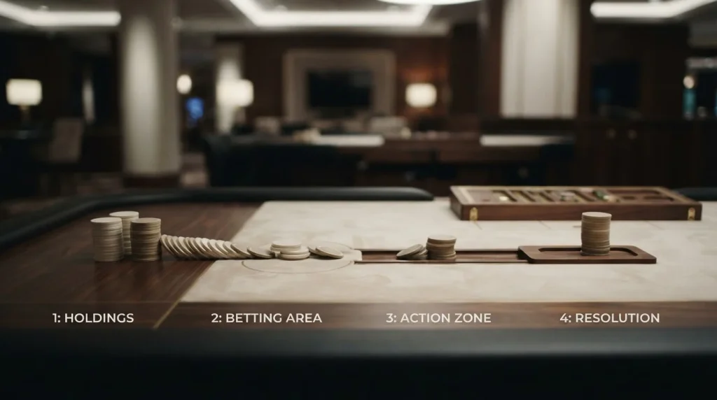 Casino chips moving through a sequence of wagering stages beside a simple calculation board