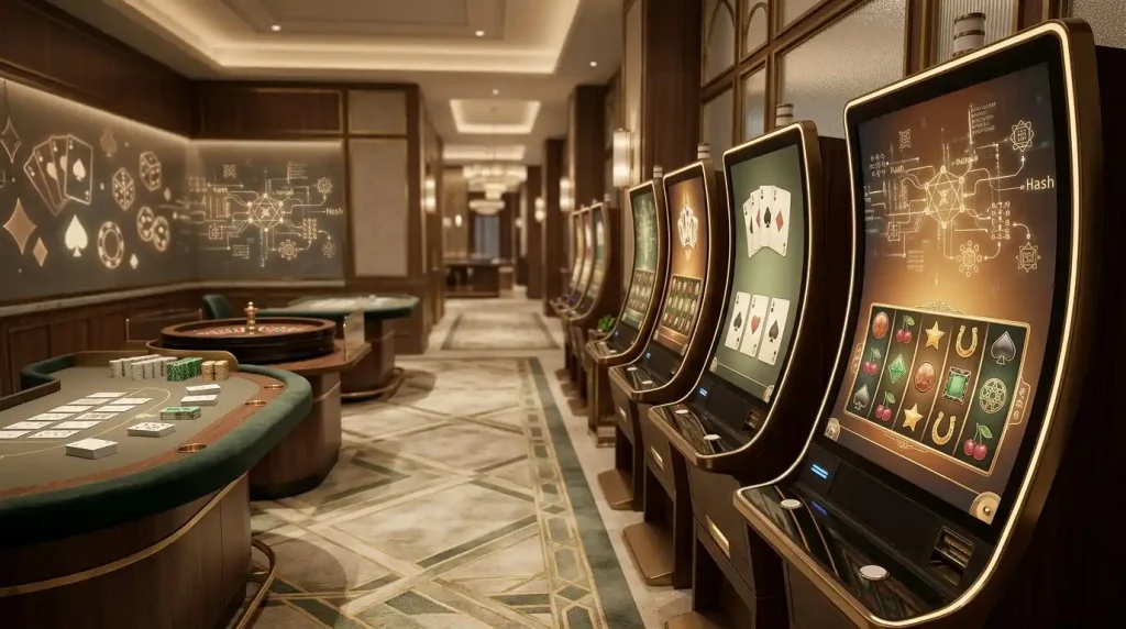 Casino game lobby with slot reels, card tables and digital fairness symbols