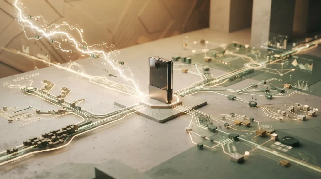 Crypto wallet routes branching between Bitcoin mainnet, Lightning and other blockchain paths