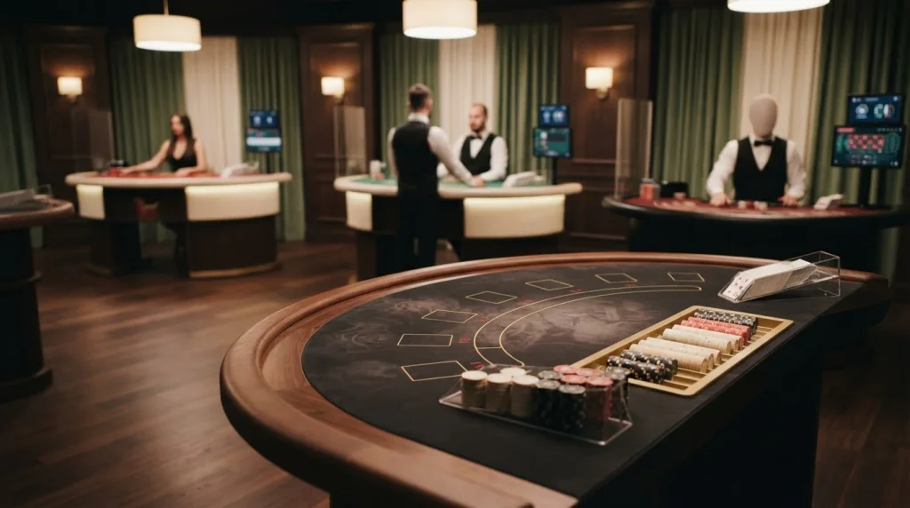 Live casino table with cards, chips and a dealer station viewed across a digital game interface