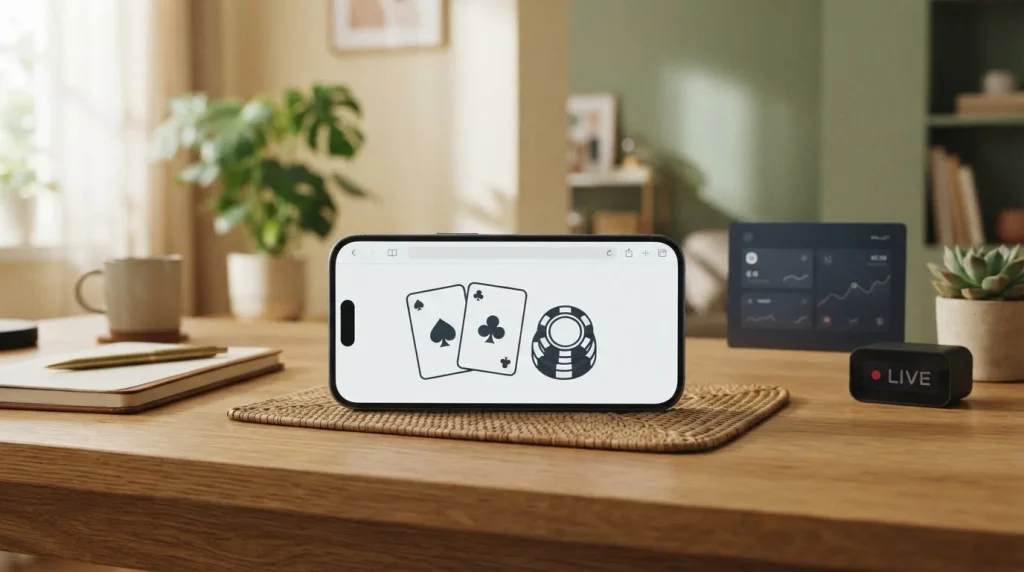 Smartphone showing casino game cards in a mobile browser beside a crypto wallet